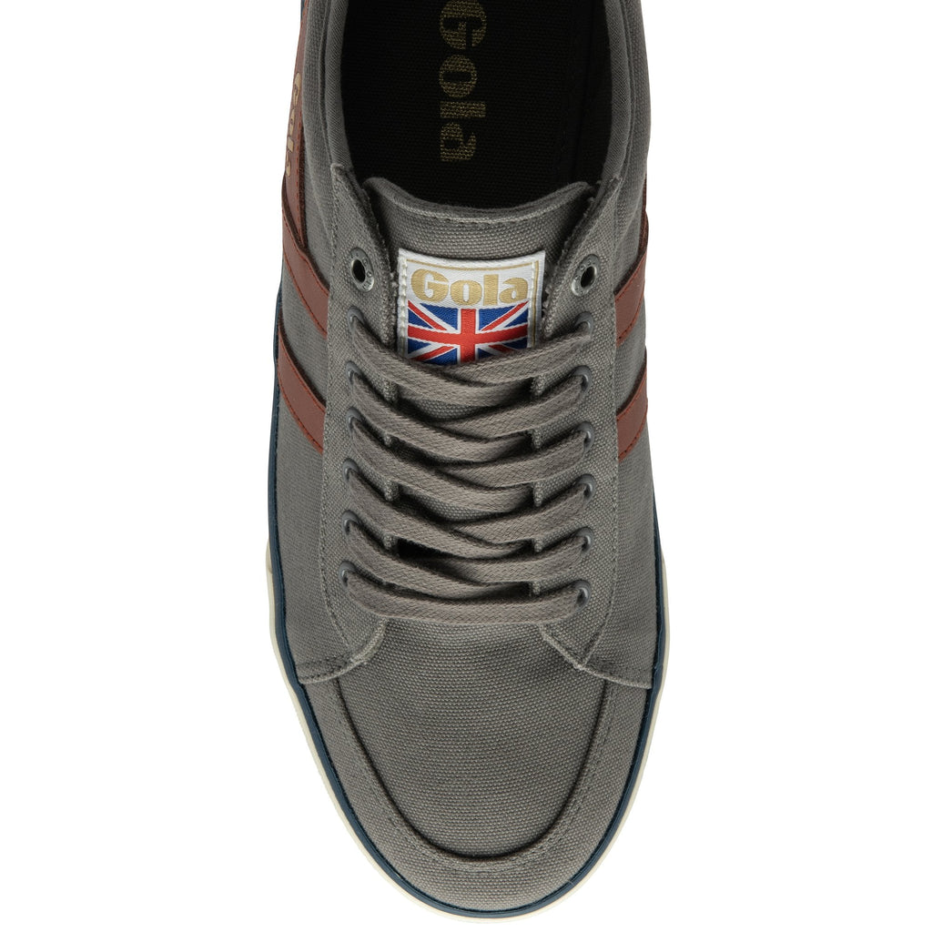 A top-down view of a Gola men's Harrier trainer in graphite with a tan wingflash.