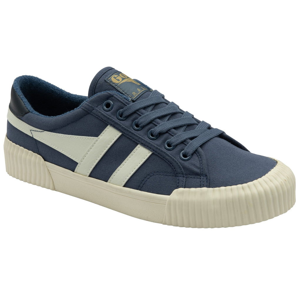 A single blue canvas Gola men's sneaker with white stripes, angled on a white background.