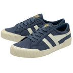A pair of blue canvas Gola men's sneakers with white stripes, on a white background.