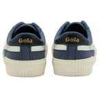 The backs of two blue canvas Gola men's sneakers with white stripes, on a white background.