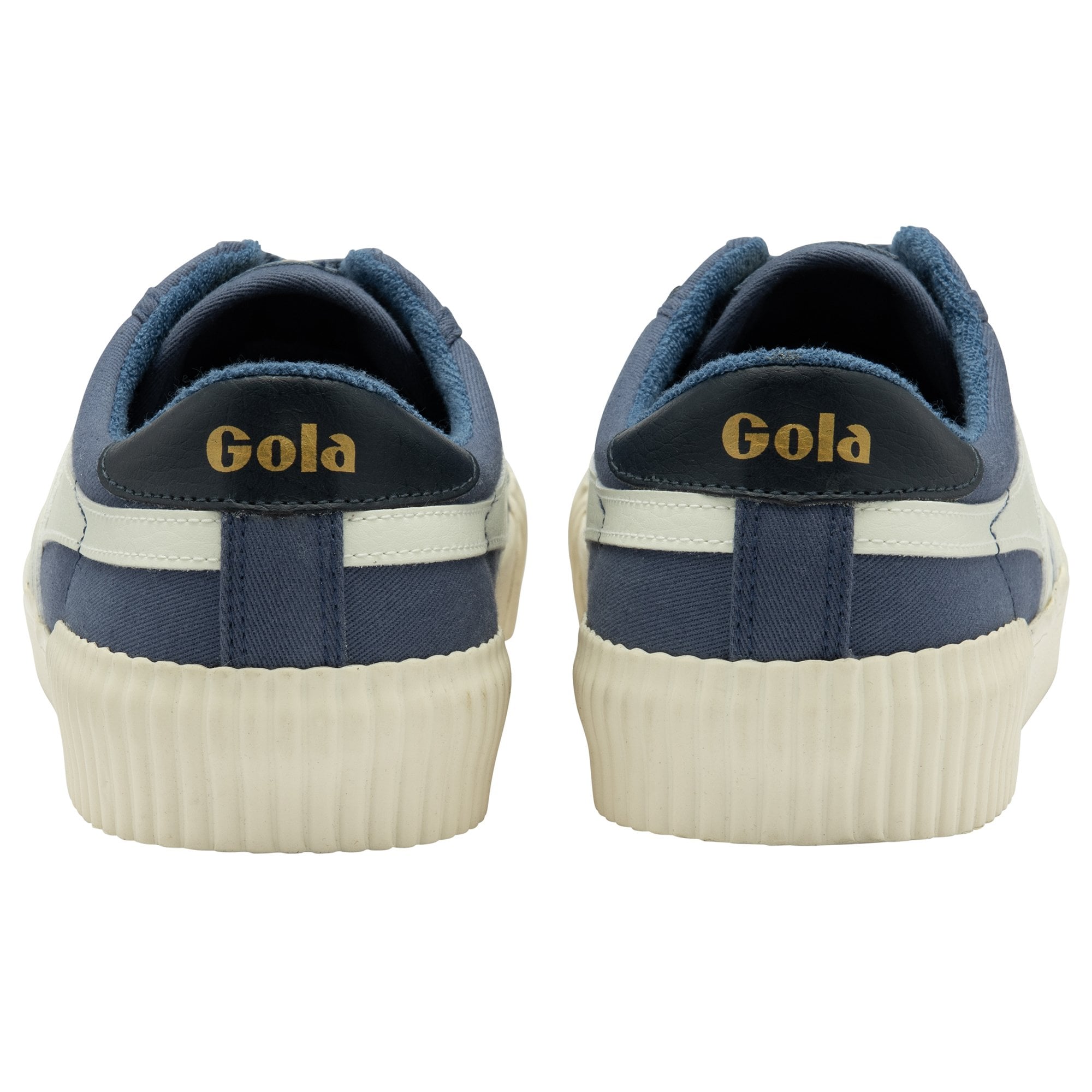 The backs of two blue canvas Gola men's sneakers with white stripes, on a white background.