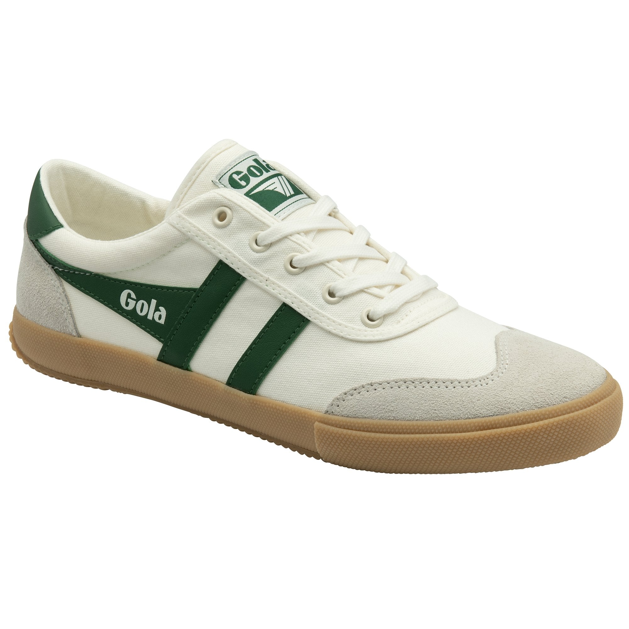 A white Gola sneaker with green stripes and laces, viewed from the side, on a white background.