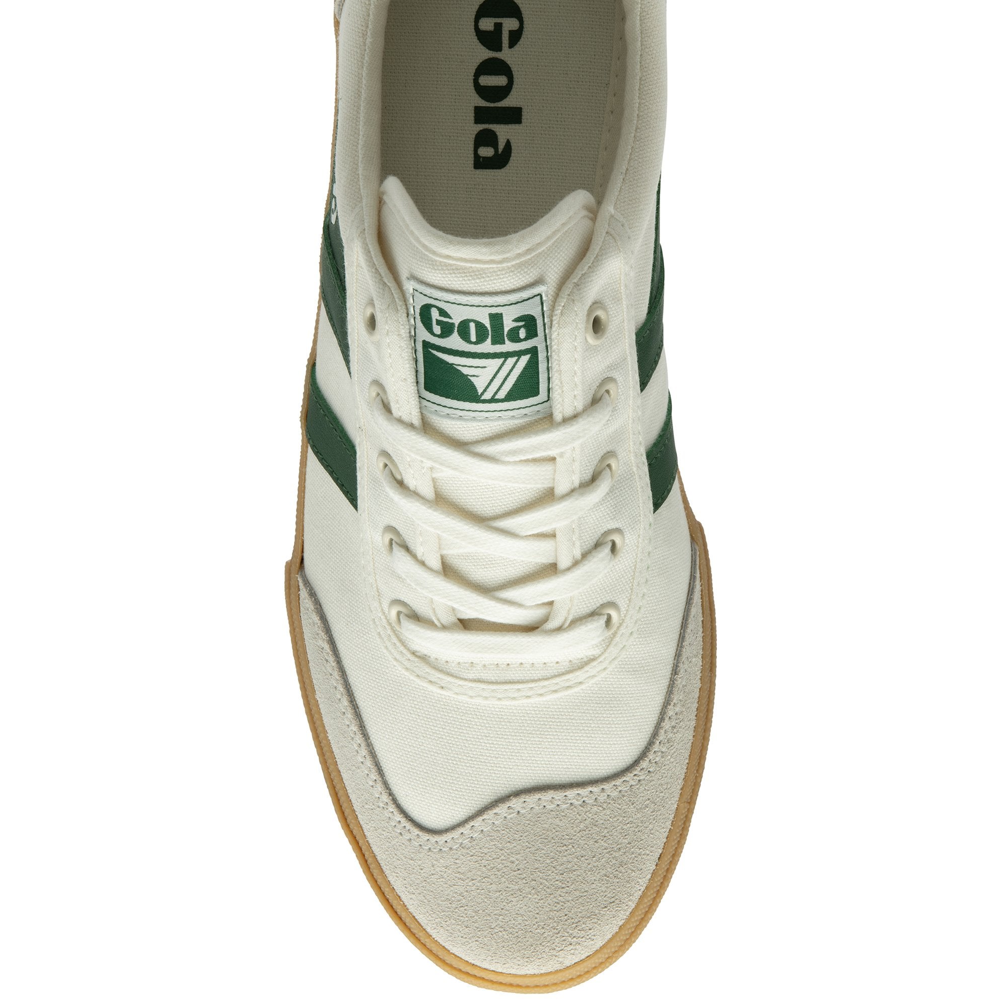 The top-down view of a white Gola sneaker with green stripes and white laces.