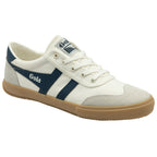 A single white Gola sneaker with navy stripes, light grey suede, and a gum sole, side view.