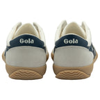 The back view of a pair of white Gola sneakers with navy blue heel tabs and gum soles.