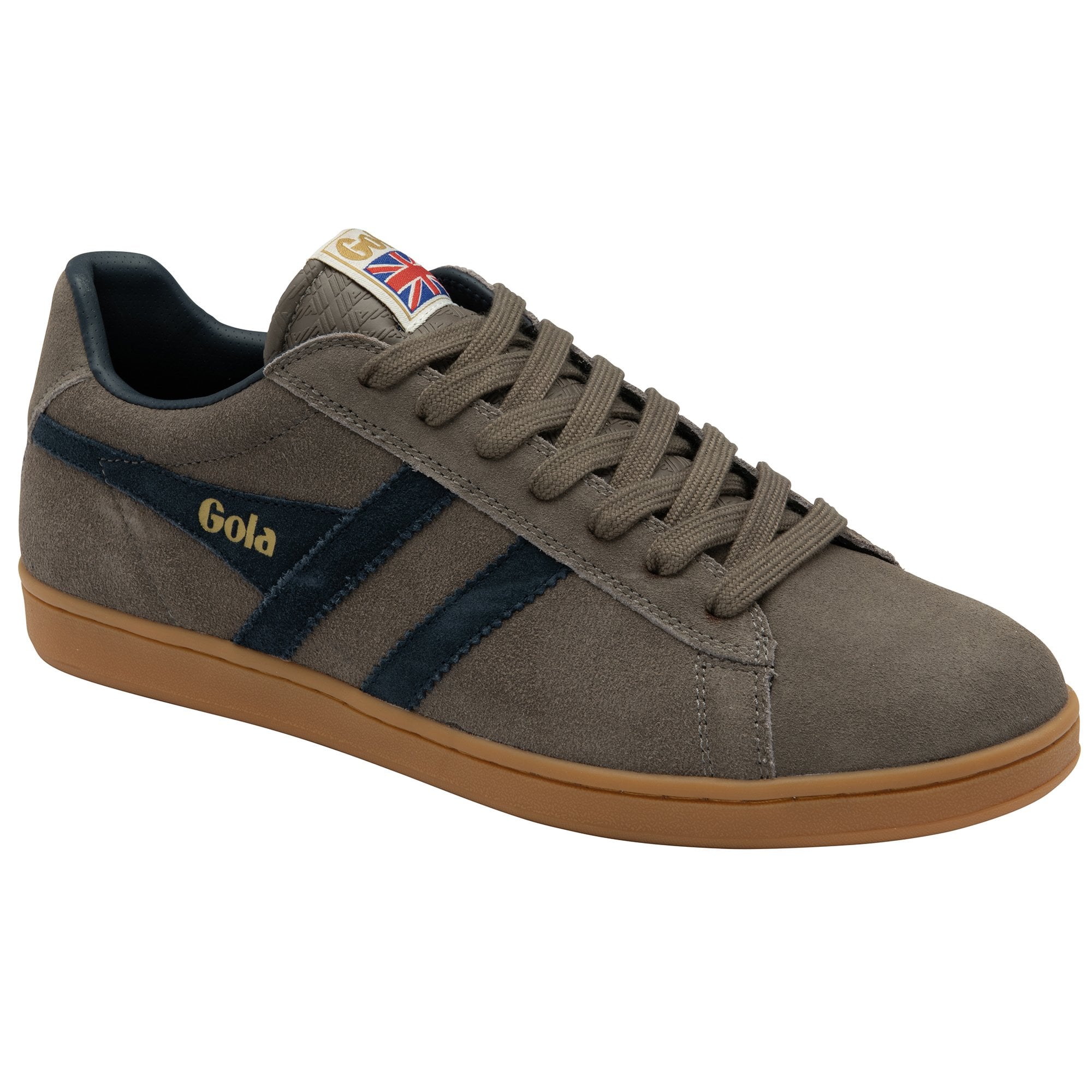 Angled view of a Gola men's sneaker in gray suede with blue stripes and gum sole.