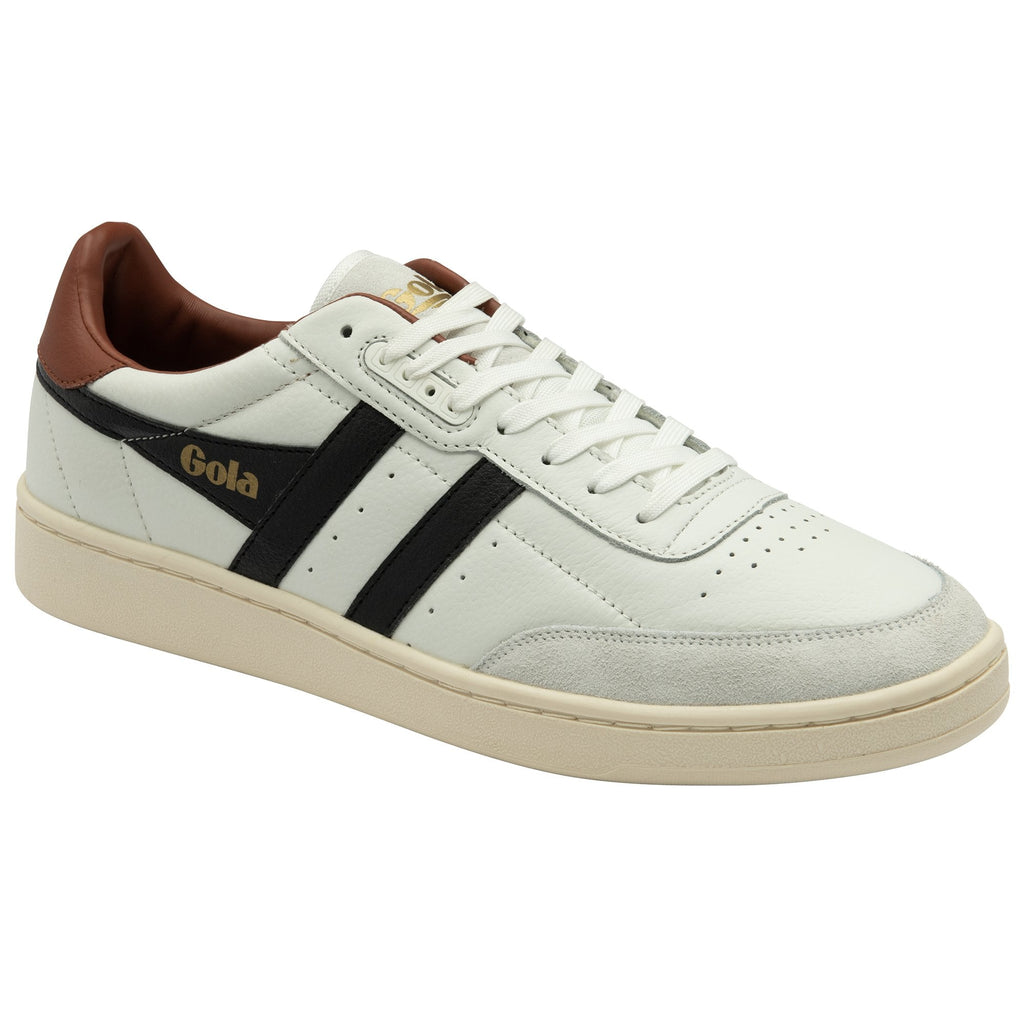 Angled view of white Gola tennis shoe with brown and black accents.