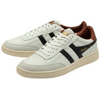Pair of white Gola tennis shoes with brown and black accents.