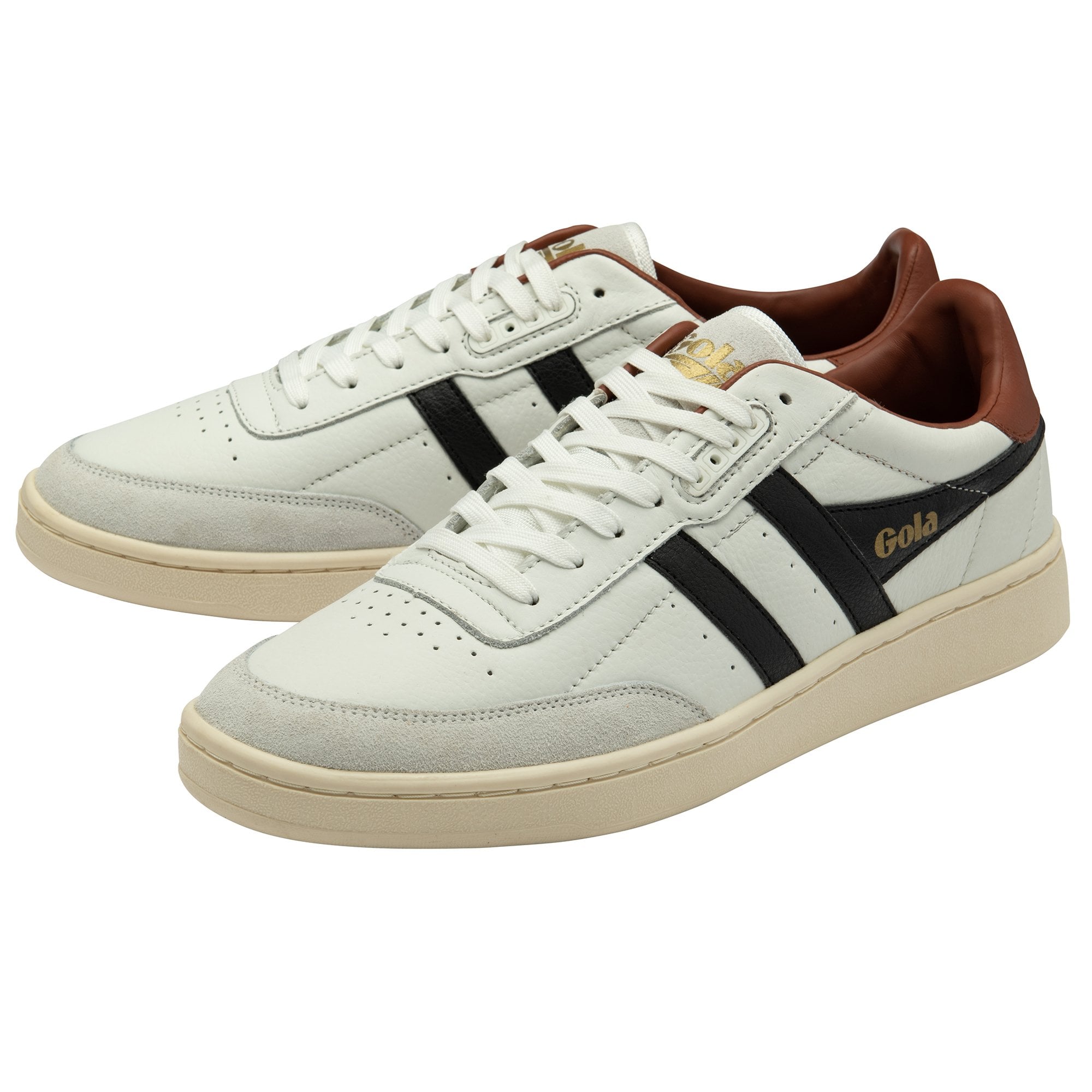 Pair of white Gola tennis shoes with brown and black accents.