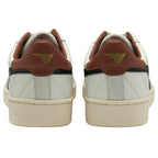 Rear view of white Gola tennis shoes with brown and black accents.