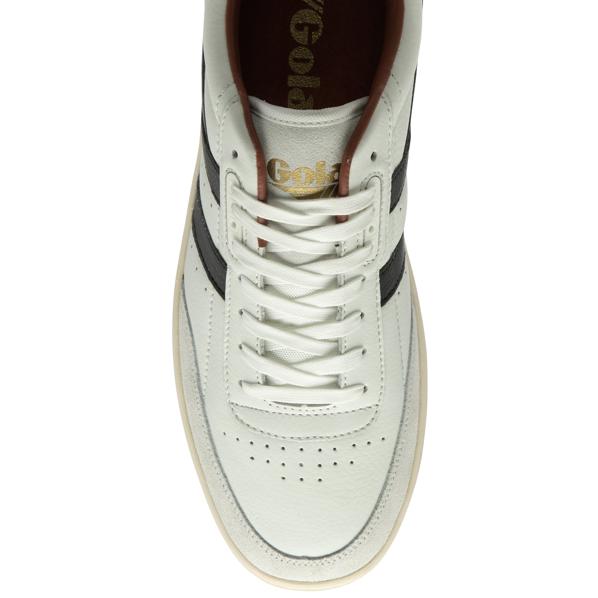 Top-down view of white Gola tennis shoes with brown and black accents.