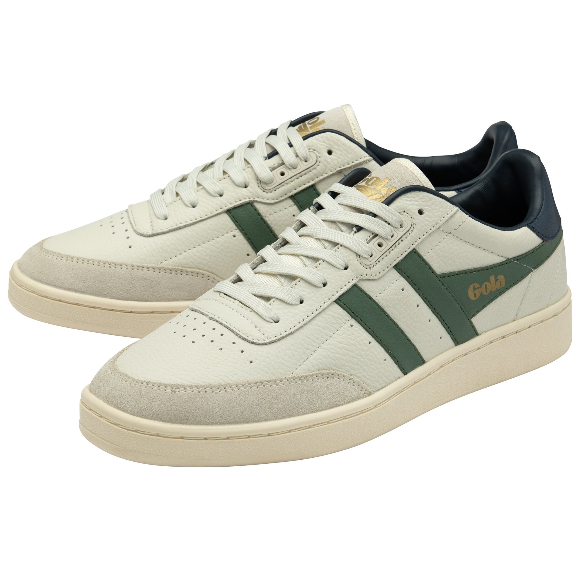 A pair of white and green Gola sneakers.