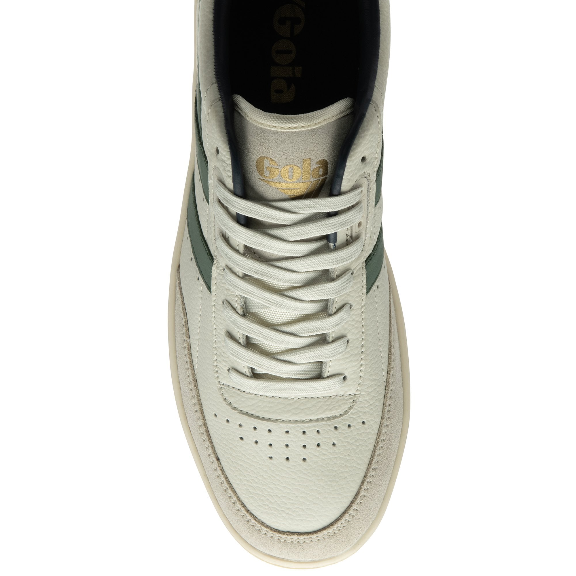 Top-down view of a white and green Gola sneaker, highlighting the laces and toe.