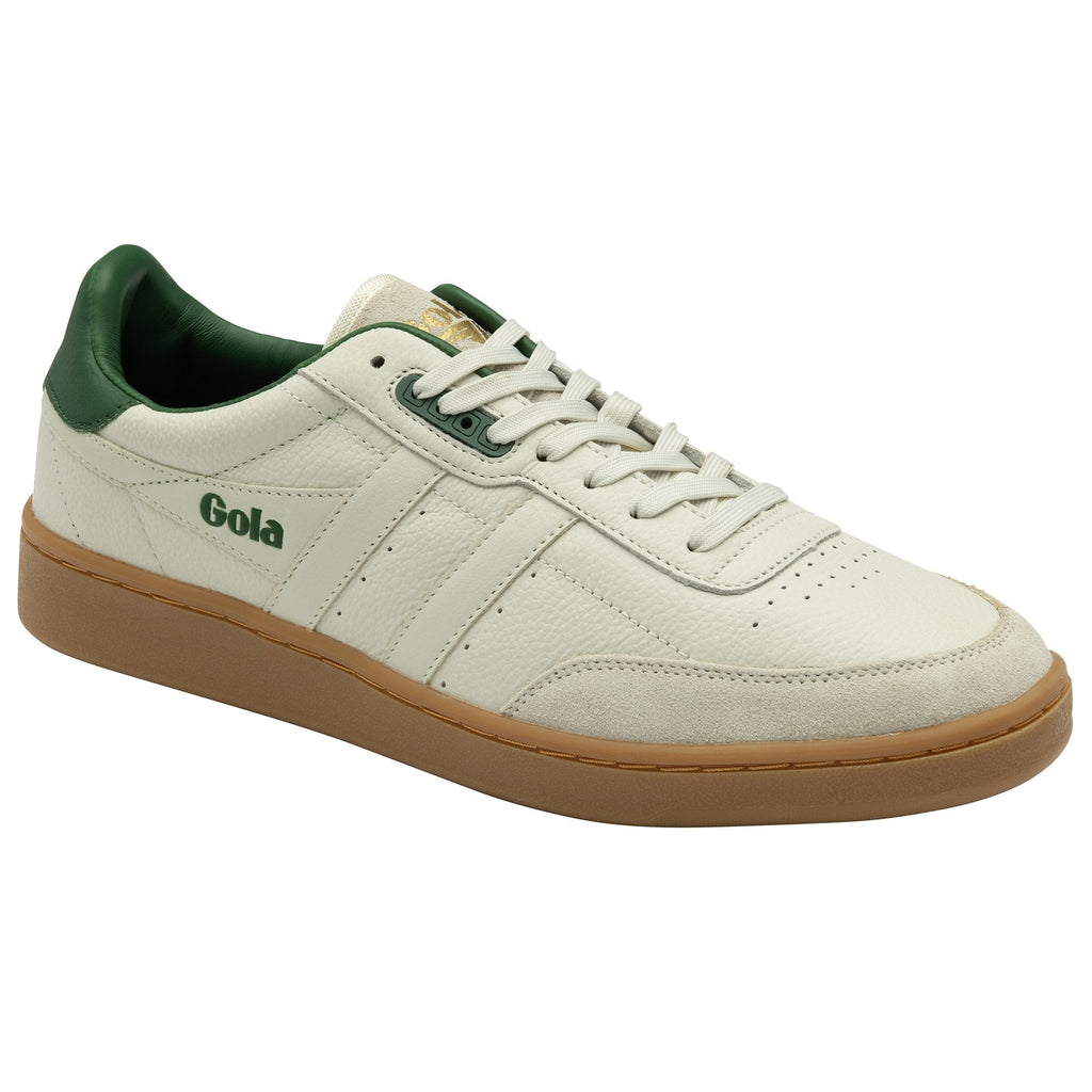 A single Gola men's trainer in off-white with green accents and a gum sole.