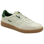 A single Gola men's trainer in off-white with green accents and a gum sole.