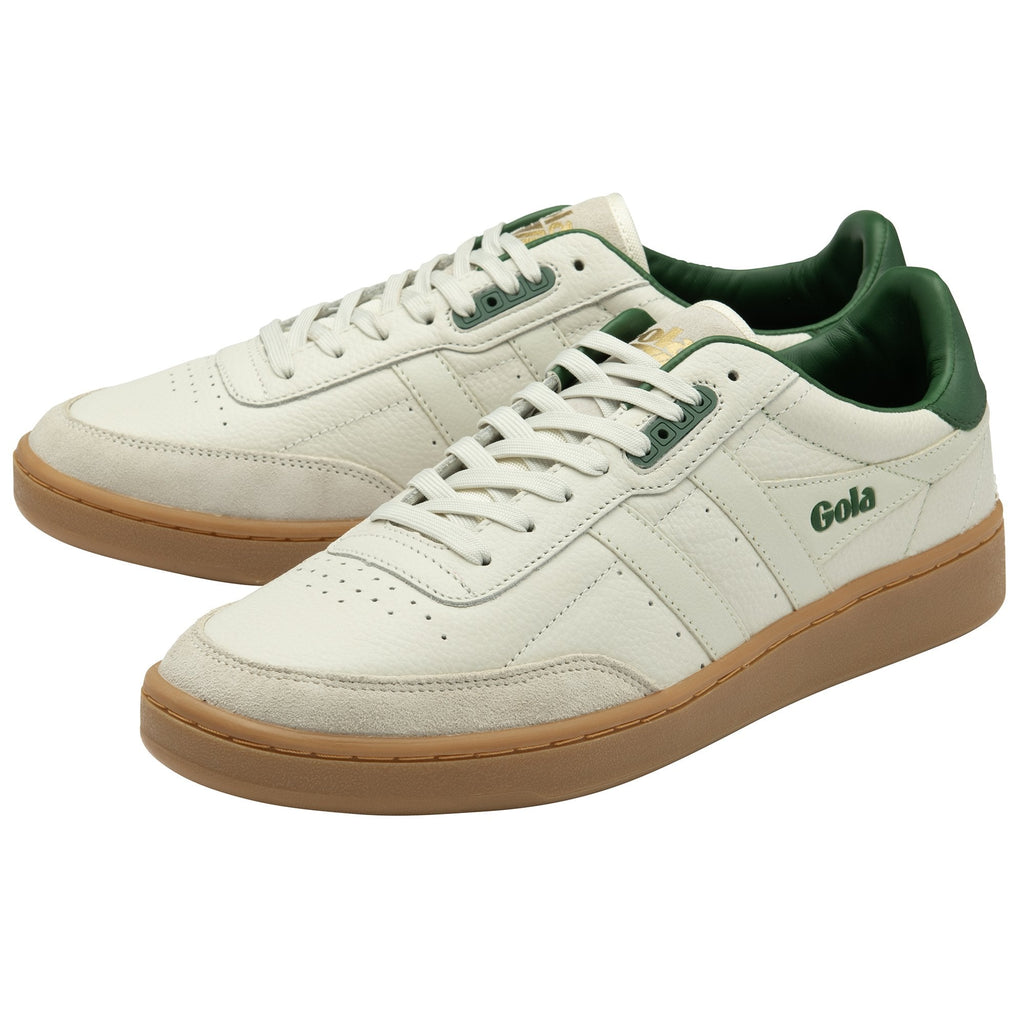A pair of Gola men's sneakers in off-white with green accents and a gum sole.