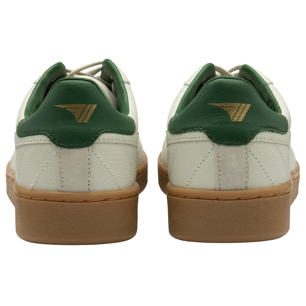 The back view of a pair of Gola men's trainers in off-white with green accents and gum soles.