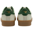 The back view of a pair of Gola men's trainers in off-white with green accents and gum soles.