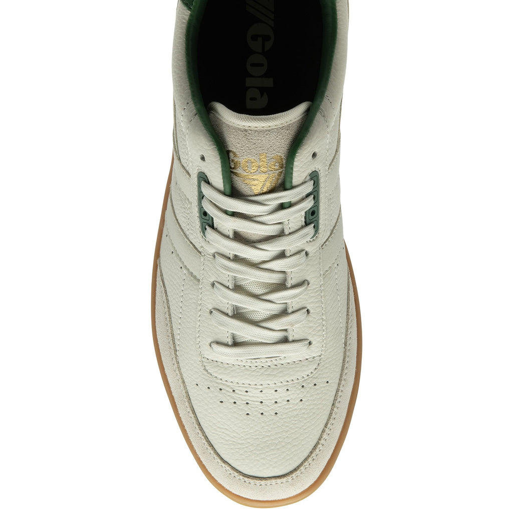 A top-down view of a single Gola men's sneaker in off-white with green accents.