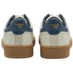 The rear view of two white Gola sneakers, showing blue heel tabs and gold logos.
