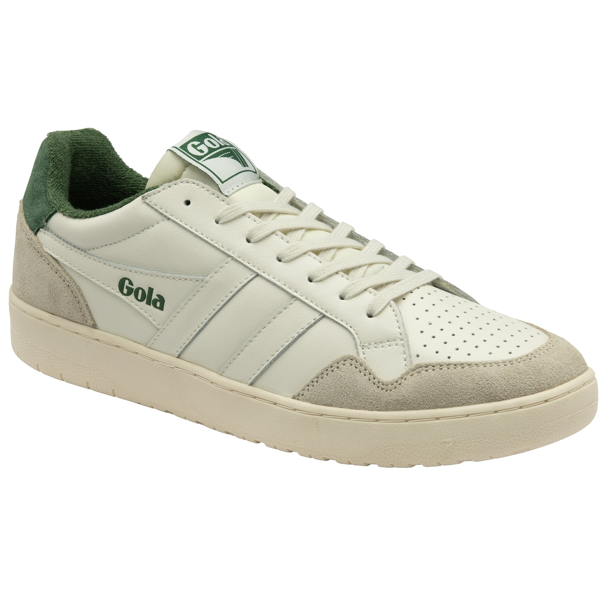 A single white and green Gola sneaker from an angle.