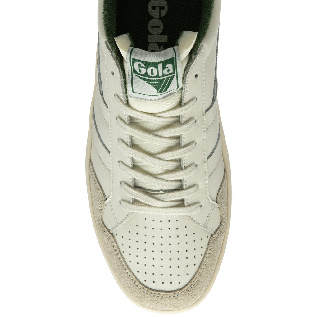 The top view of a white and green Gola sneaker.