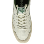 The top view of a white and green Gola sneaker.