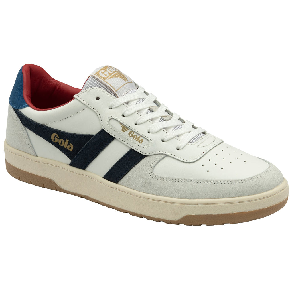 Angled side view of a Gola men's shoe in white, navy, and red with a gum sole.
