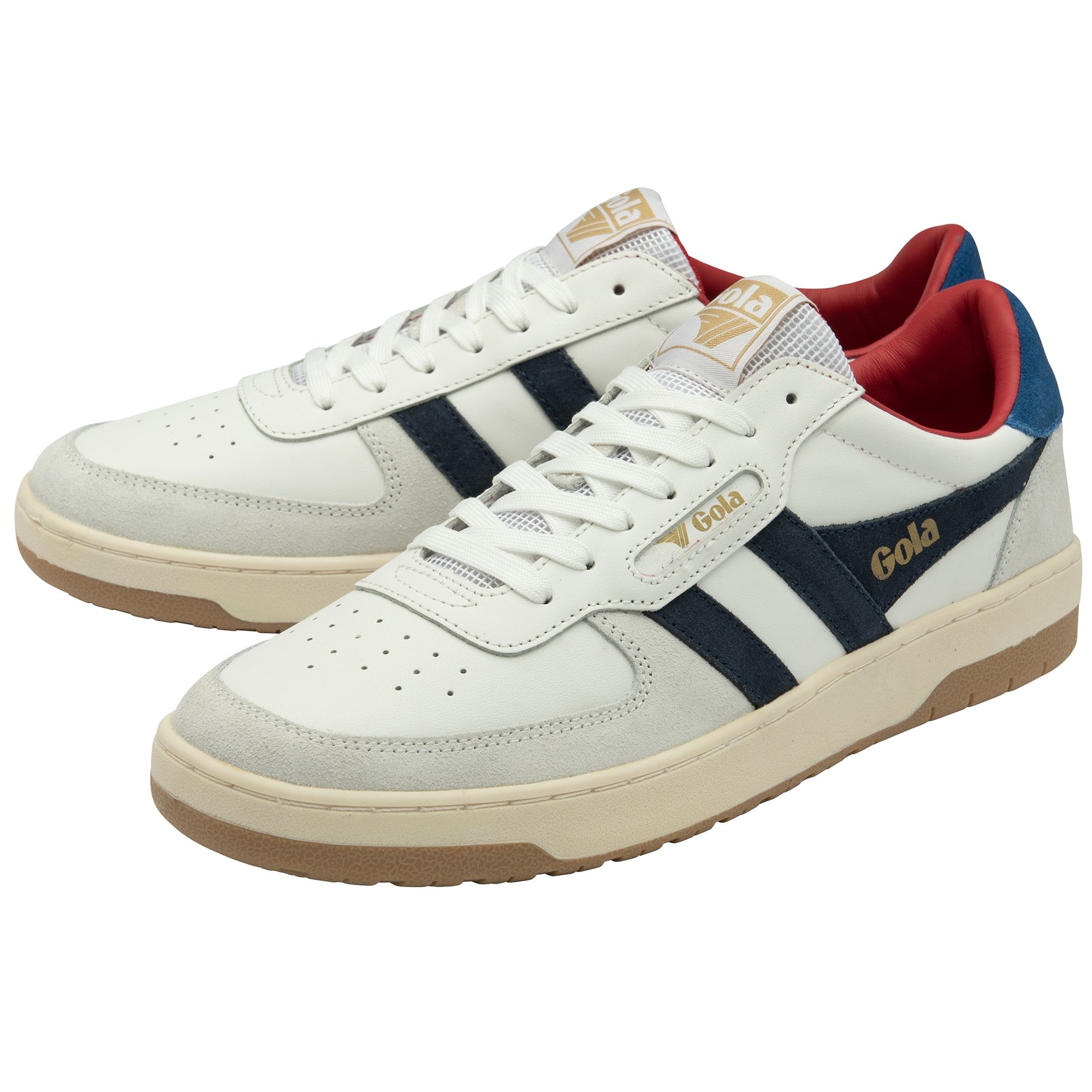 Pair of Gola men's shoes in white, navy, and red with gum soles.