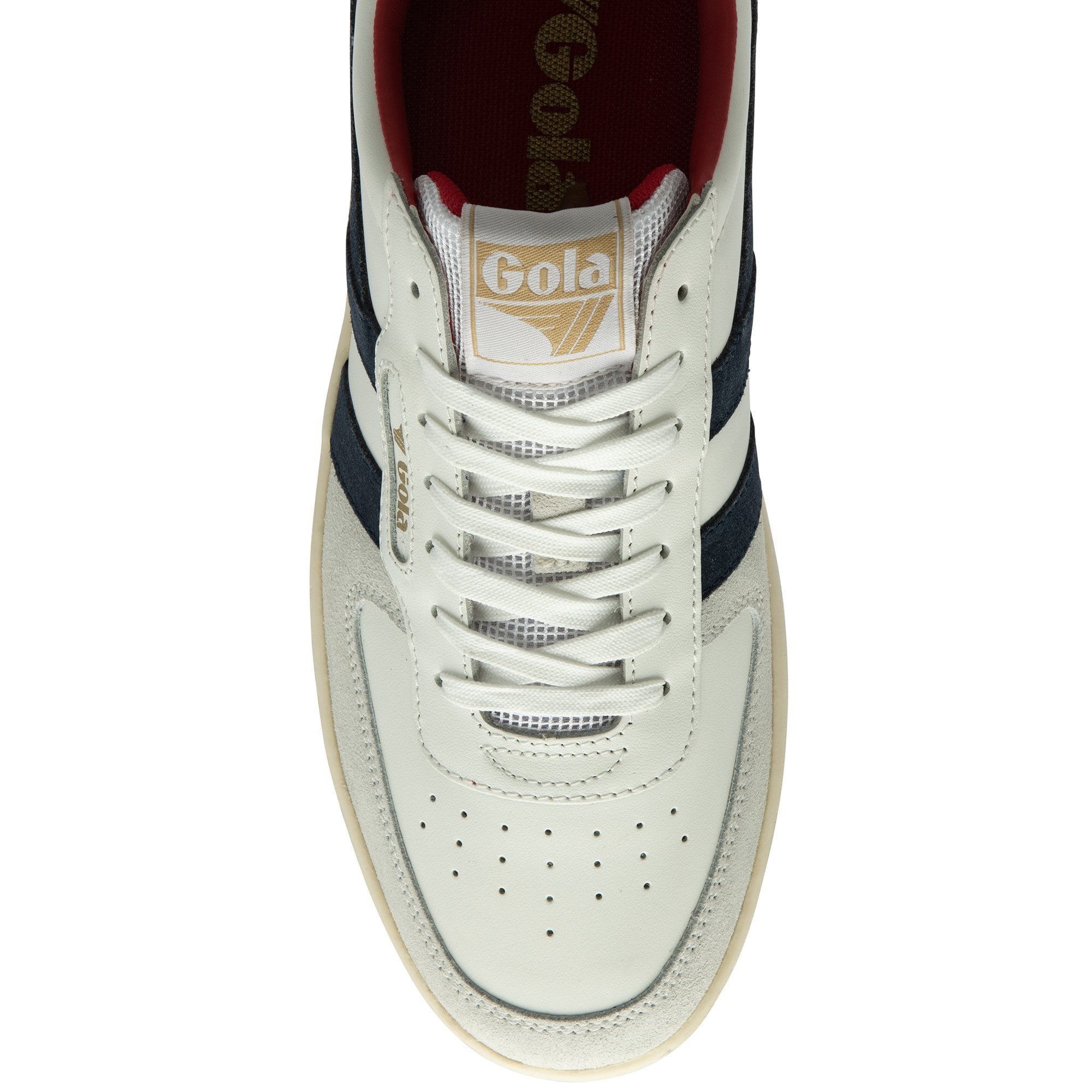 Top-down view of a Gola men's shoe in white, navy, and red with a gum sole.