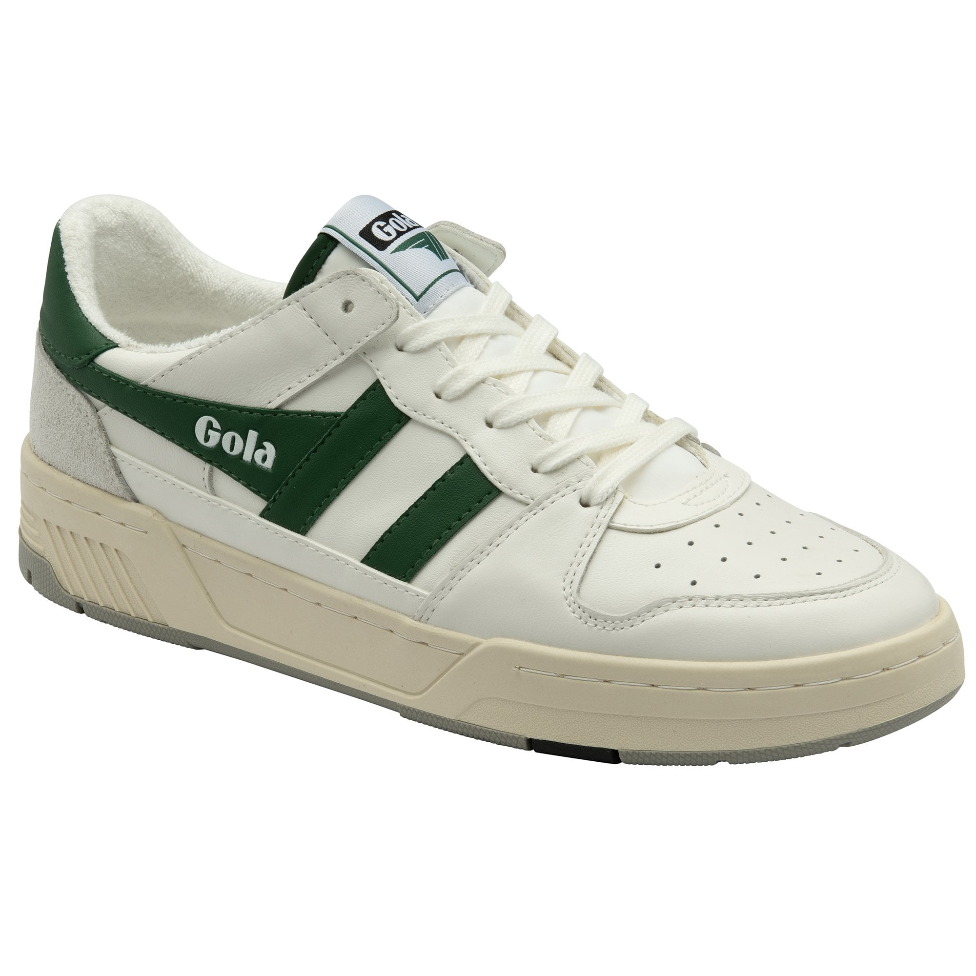 Side view of a white Gola sneaker with green stripes, logo and white laces.