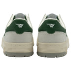 Back view of a pair of white Gola sneakers with green heels and white logos.