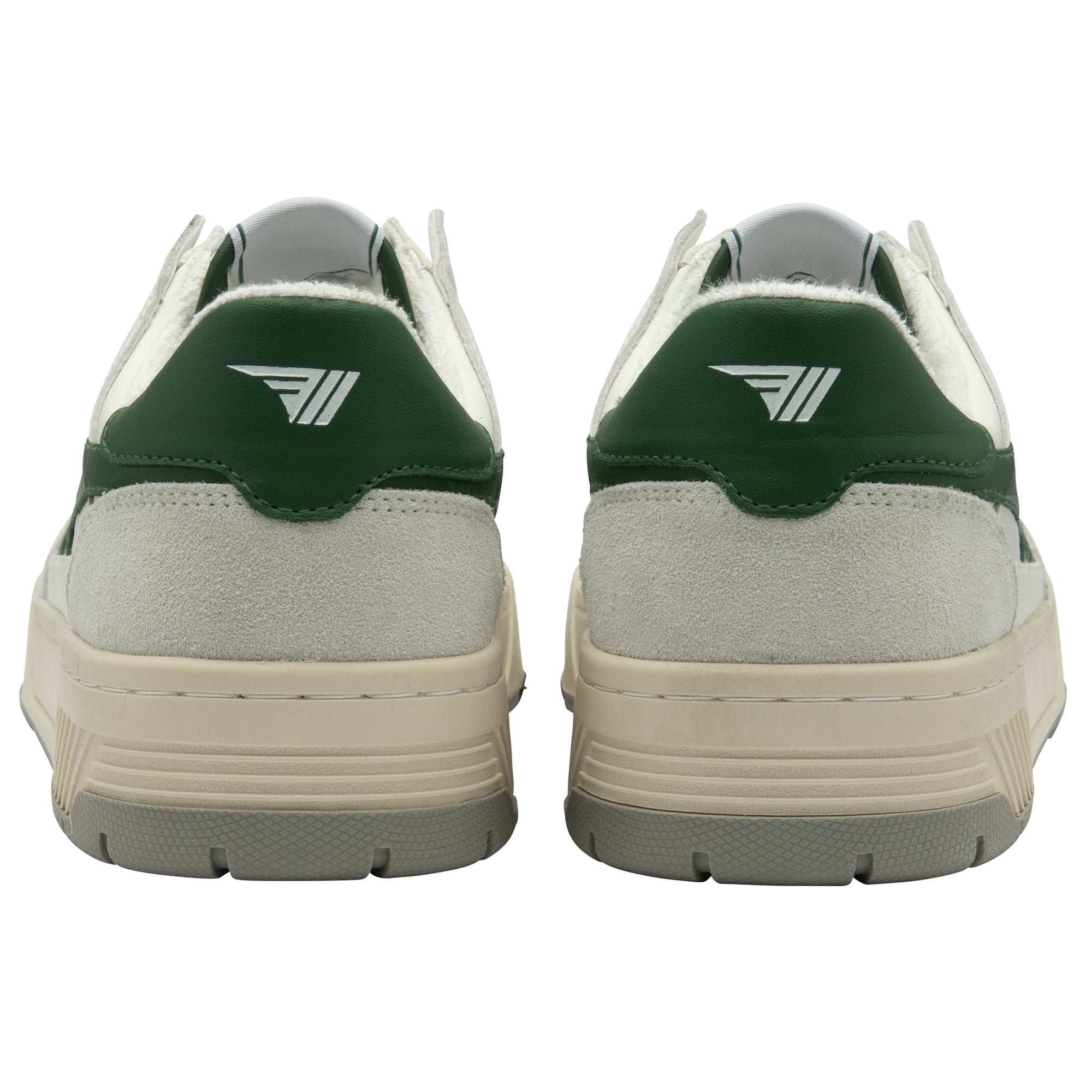 Back view of a pair of white Gola sneakers with green heels and white logos.