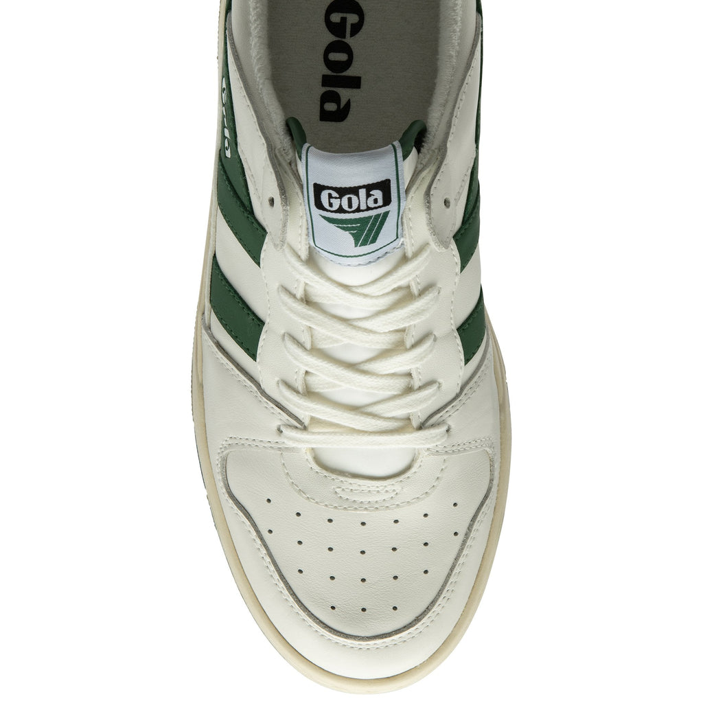 Top-down view of a white Gola sneaker with green stripes and white laces.