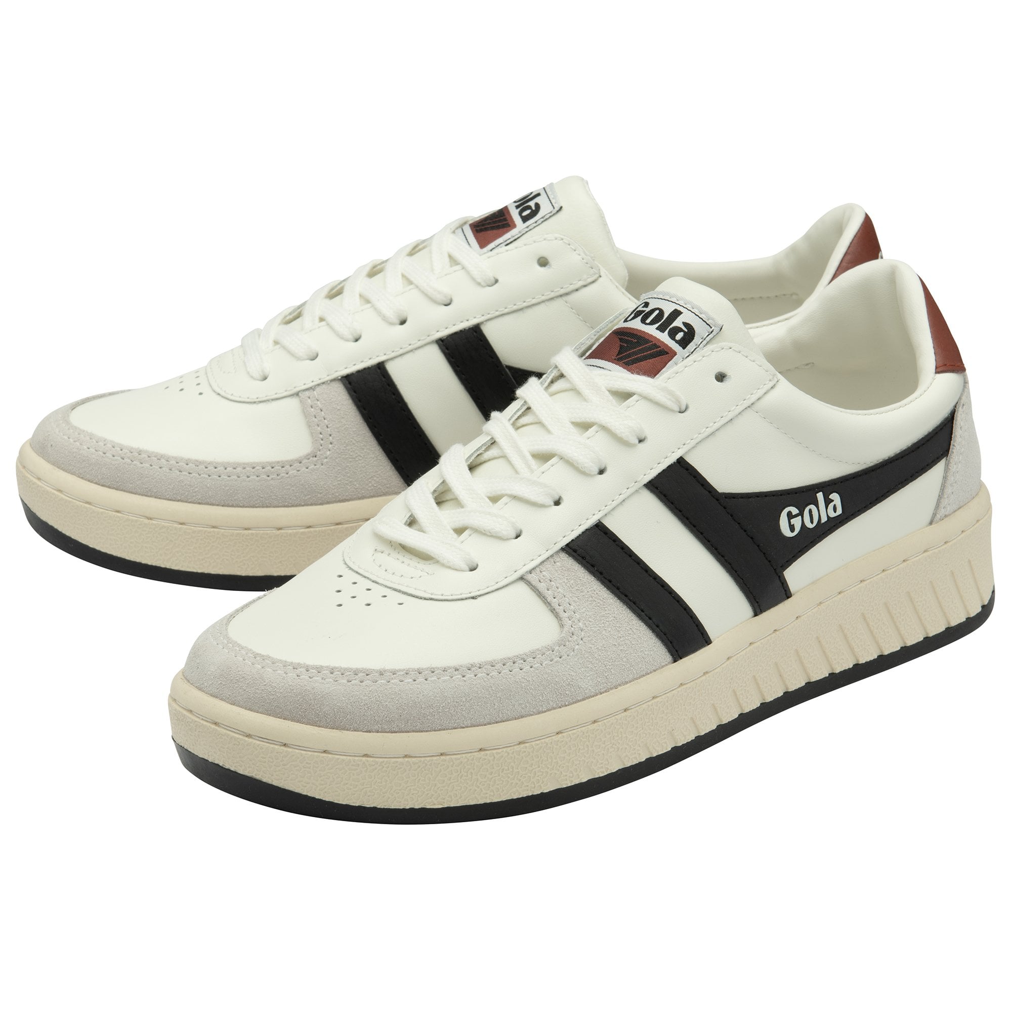 Pair of Gola white sneakers with black stripes and brown heel accents.