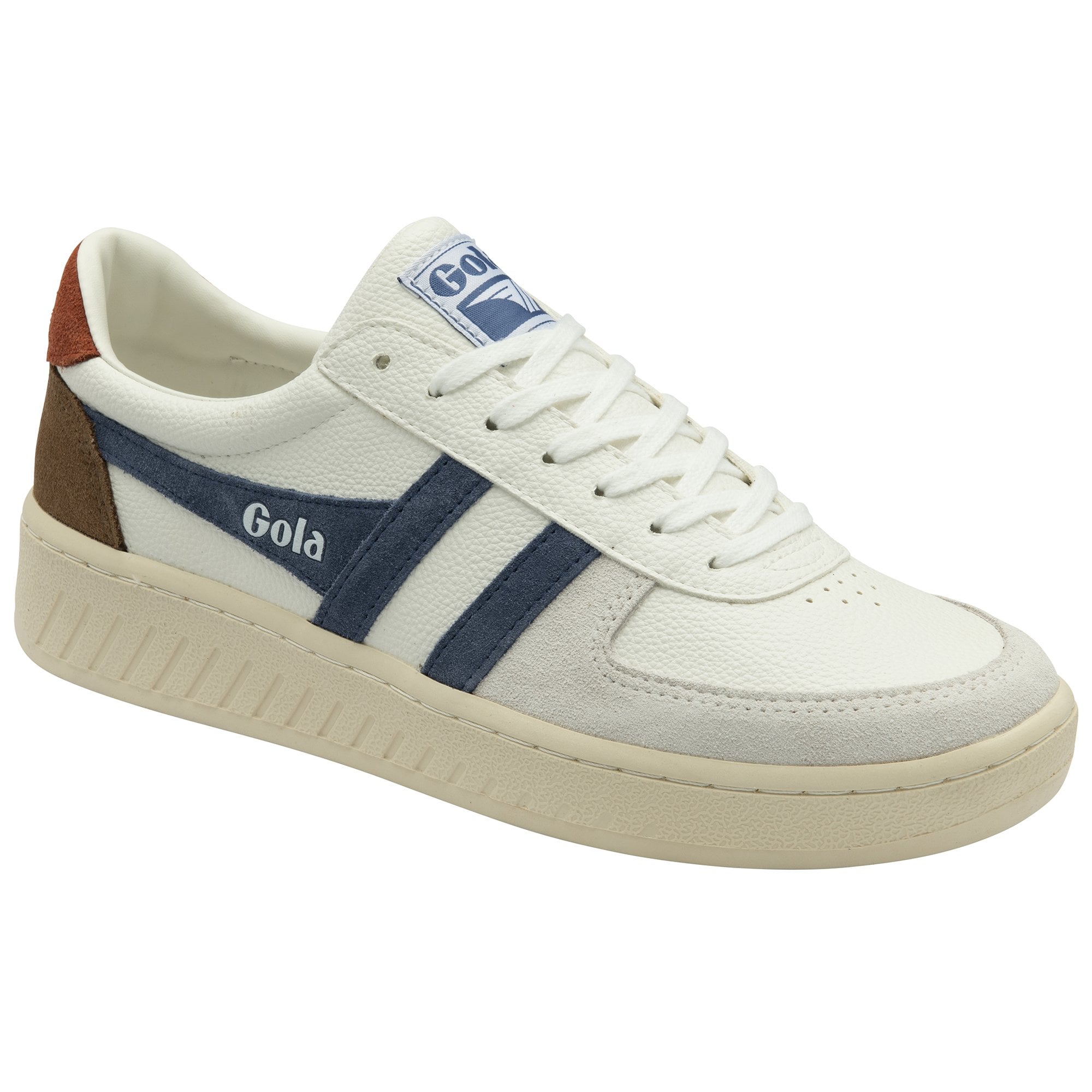 A white Gola sneaker with blue stripes and brown heel detail on a white background.
