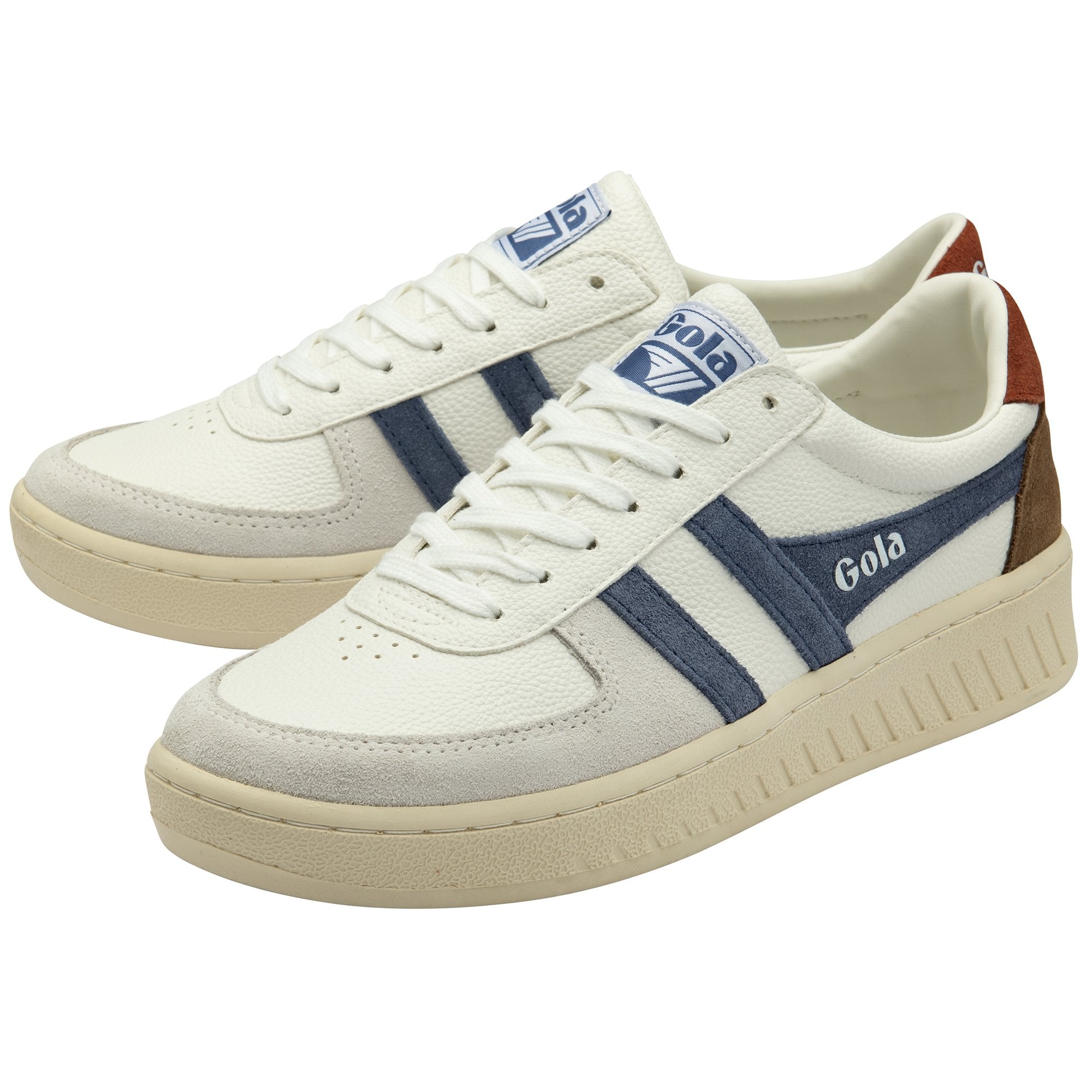 A pair of white Gola sneakers with blue stripes and brown heel details.