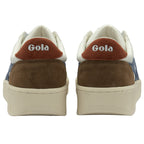 The back view of a pair of Gola sneakers, showing brown heels with white Gola text.