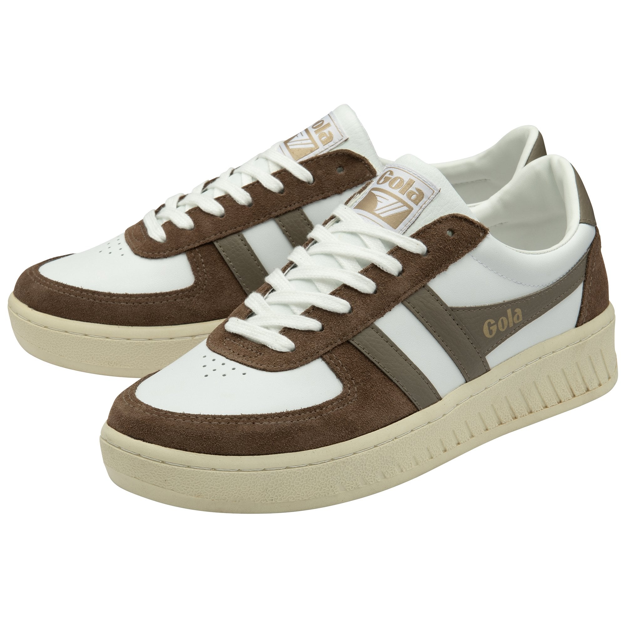 Pair of white and brown Gola sneakers with cream soles on a white background.