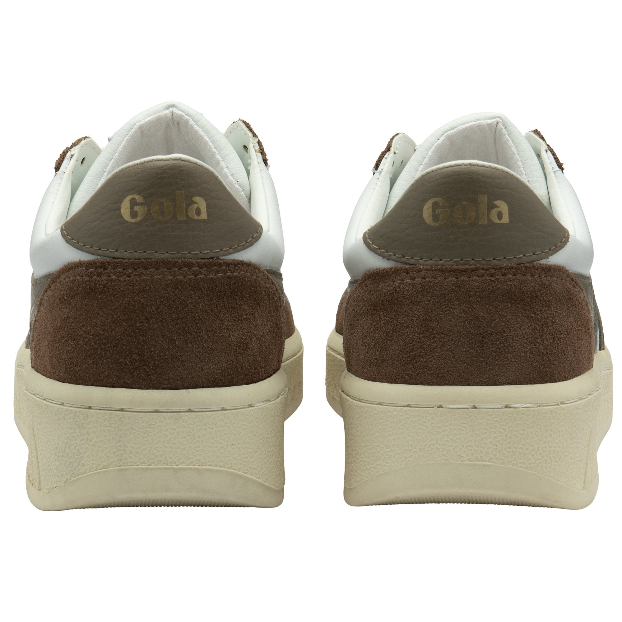 Rear view of a pair of white and brown Gola sneakers, highlighting the brown heel.