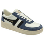 Angled side view of a white and blue Gola sneaker with black stripes.