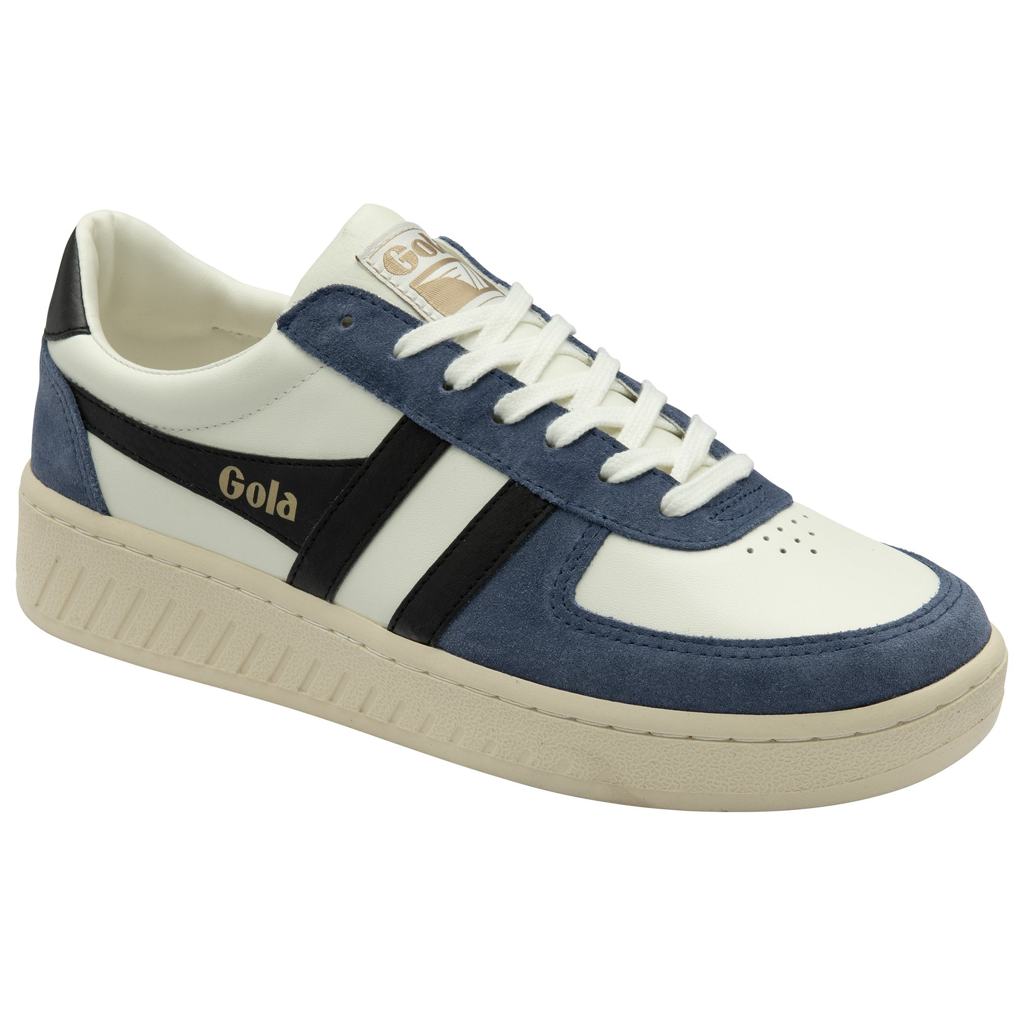 Angled side view of a white and blue Gola sneaker with black stripes.