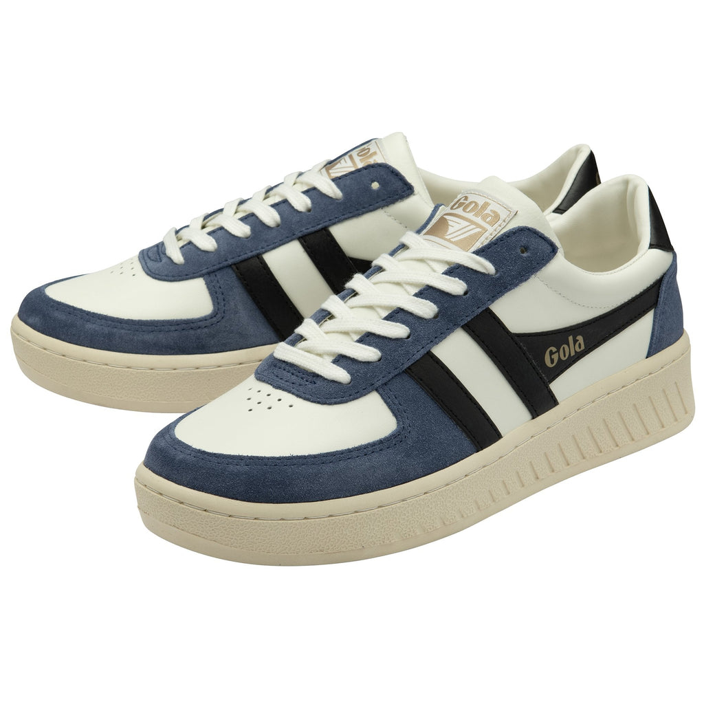 Pair of white and blue Gola sneakers with black stripes.