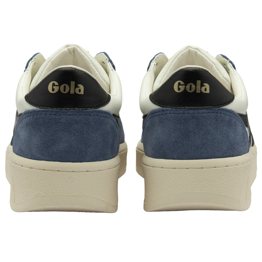 Back view of a pair of white and blue Gola sneakers.