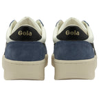 Back view of a pair of white and blue Gola sneakers.