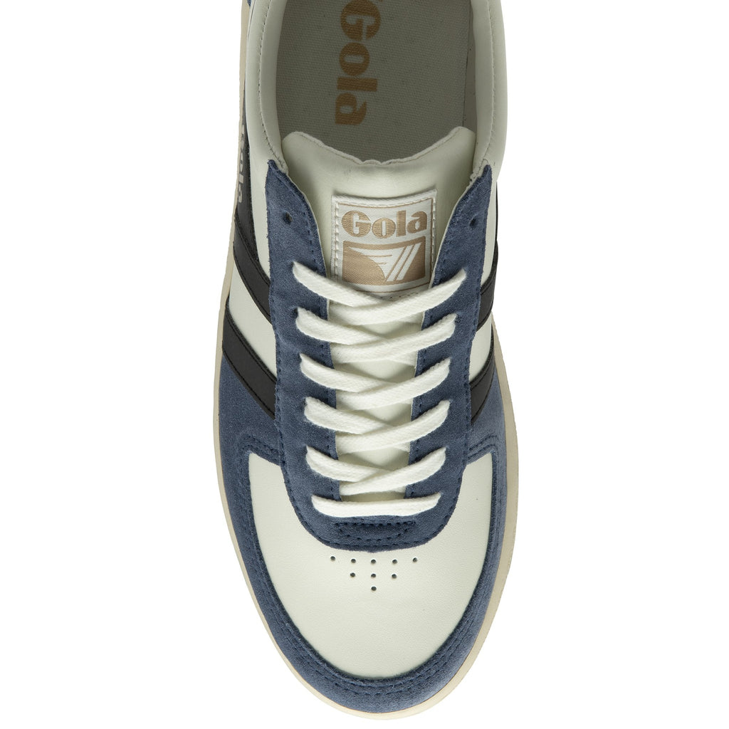 Top down view of a white and blue Gola sneaker with white laces.