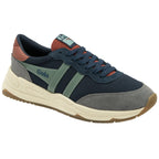 A men's Gola sneaker in navy, grey, green, and brown, viewed from a slight angle.