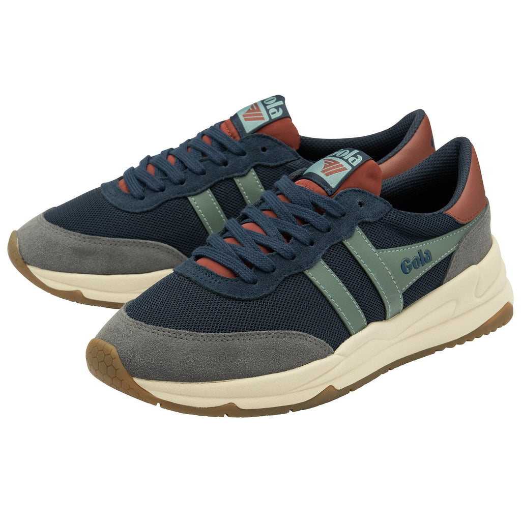 A pair of Gola men's sneakers in navy, grey, green, and brown, placed side-by-side.