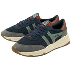 A pair of Gola men's sneakers in navy, grey, green, and brown, placed side-by-side.