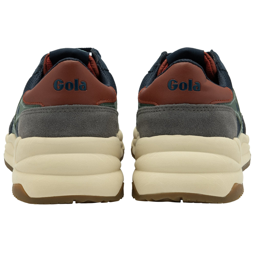 The rear view of two Gola men's sneakers in navy, grey, green, and brown.